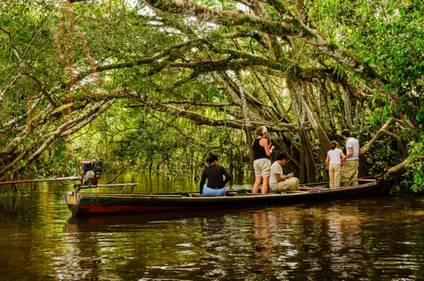 Travelers explore the lush greenery of Gamboa Nature Reserve in Loreto, Peru, while navigating the tranquil waters in a boat.