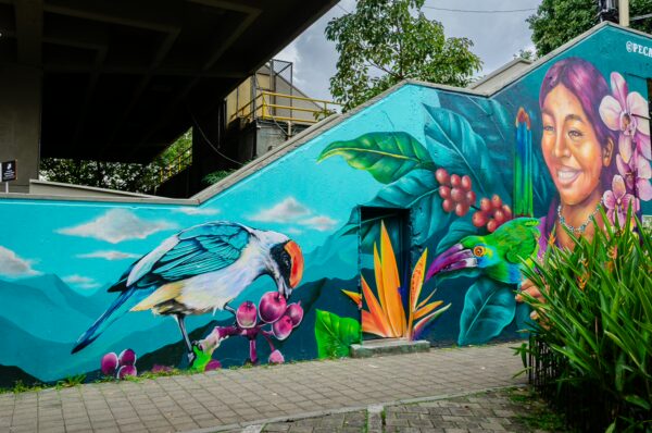 Colorful mural with tropical birds, fruit, and a smiling woman near Pueblito Paisa in Medellín
