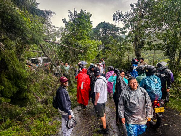 Rain-soaked travelers gather on a lush, green road in Salento, Quindío, Colombia, wearing colorful rain gear amidst trees.