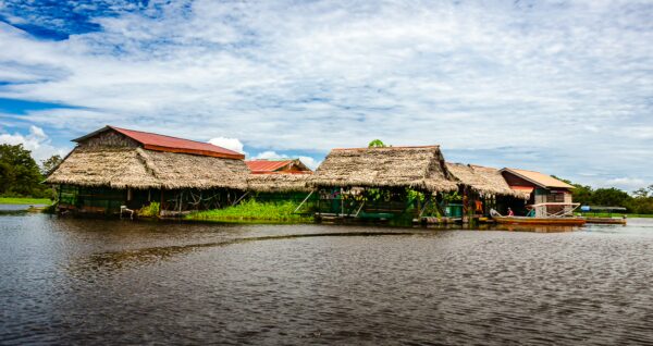 Thatched-roof structures reflect in the calm waters of Pirana Lake, surrounded by lush greenery in Gamboa Nature Reserve, Loreto, Peru.