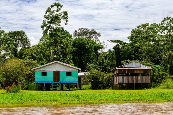 Colorful indigenous houses stand amidst lush greenery in Gamboa Nature Reserve, Loreto, Peru, reflecting local architecture and culture.