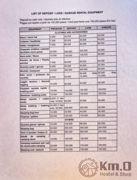 Rental prices for equipment at Km O Hostel in Salento, Quindio, Colombia, listed clearly with categories and costs.