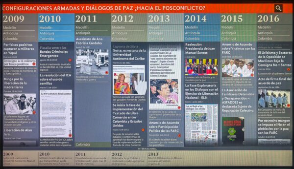 Museum exhibit wall showing a timeline of peace talks and armed conflict in Colombia from 2009 to 2016