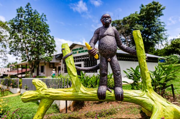 Monkey sculpture holding a banana stands on a vibrant green branch, with lush plants and a building in the background, Puerto Narino, Amazonas, Colombia.