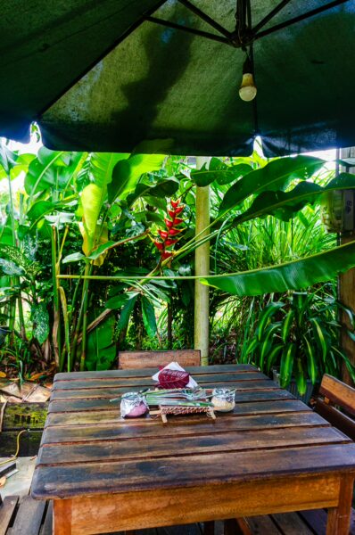 Wooden table beneath a green umbrella, set with bowls in a lush, tropical garden in Puerto Nariño, Amazonas, Colombia.