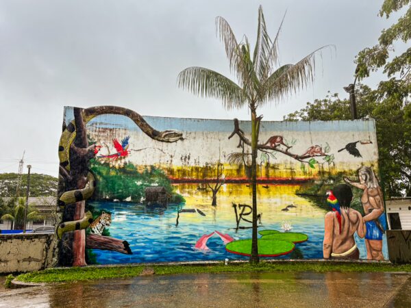Vibrant mural depicting Amazon wildlife, featuring colorful birds and a serene water scene at Parque Santander in Leticia, Amazonas, Colombia.