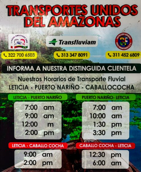 Ferry timetable for Amazon transport services, featuring schedules for Leticia, Puerto Nariño, and Caballo Cocha in Colombia.