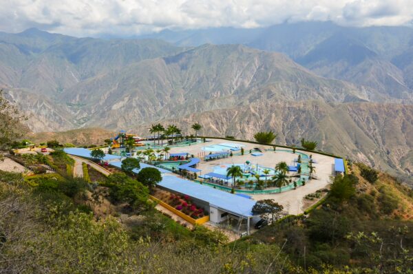 Chicamocha Canyon overlook with a scenic park complex and mountain views in Santander, Colombia