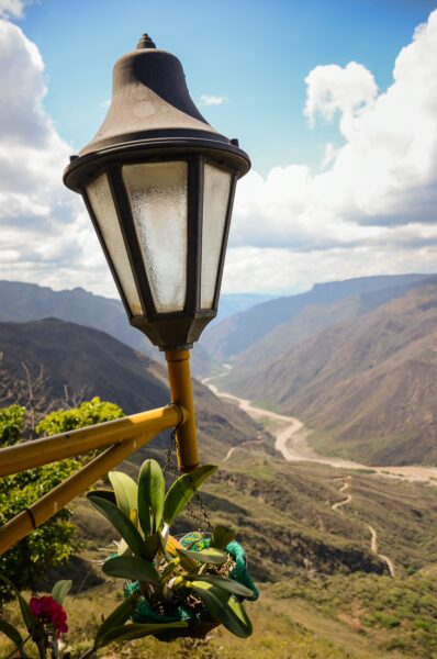 Balcony lamp overlooking Chicamocha Canyon and the river below