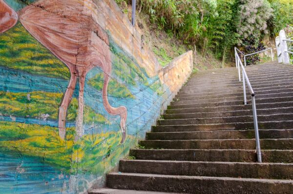 Colorful mural featuring a flamingo alongside stairs leading up to El Peñol Rock in Guatapé, Antioquia, Colombia.