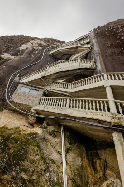 El Peñol Rock in Guatapé, Colombia, features a winding staircase along its smooth, steep façade