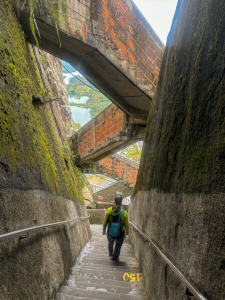Steep stairway leading down into lush greenery at El Peñol, Guatapé, Antioquia, Colombia, with textured stone walls and moss.
