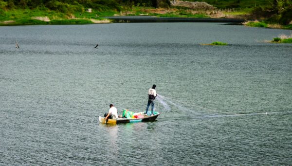 Two fishermen in a small boat cast their lines on the tranquil waters of Guatapé, surrounded by lush green hills.