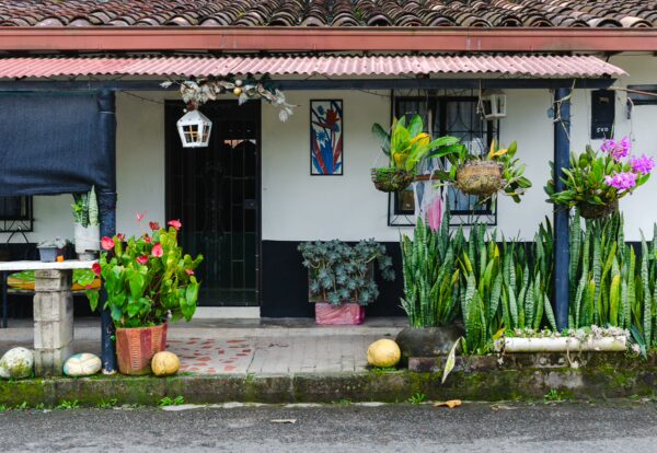 Colorful flowers and greenery adorn a charming house in Guatapé, highlighting the vibrant local culture and architecture.