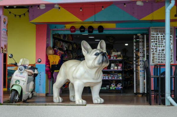 A large white French bulldog statue stands at the entrance of a colorful shop in Guatapé, Antioquia, Colombia.
