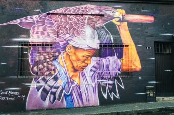 Vibrant mural featuring a man with a hawk on his shoulder, displayed on a wall in Pereira, Risaralda, Colombia.
