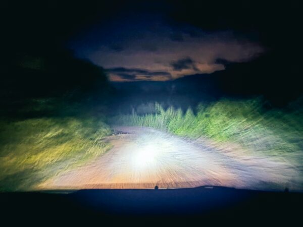 Bright headlights illuminate a winding dirt road through lush greenery at night in Villavieja, Huila, Colombia.