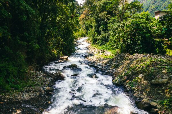 Gentle river flowing through lush greenery in Combeima, Villa Restrepo, Tolima, Colombia. Bright sunlight filters through the trees.