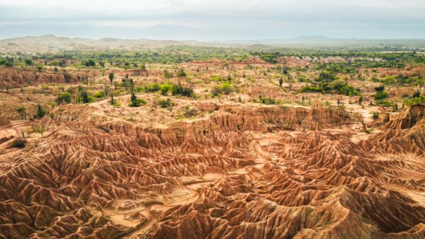 Dramatic red rock formations and lush greenery create a stunning contrast in the Labyrinth of Tatacoa Desert, Huila, Colombia.