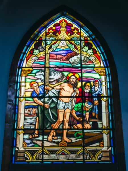 Colorful stained glass window depicting a biblical scene at Nuestra Señora de las Victorias in Santa Rosa de Cabal, Risaralda, Colombia.