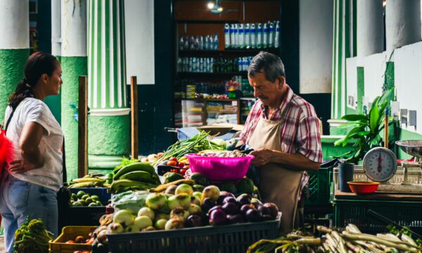 Colorful market scene at Plaza de Mercado in Honda, Tolima, featuring vendors and fresh produce in vibrant displays.
