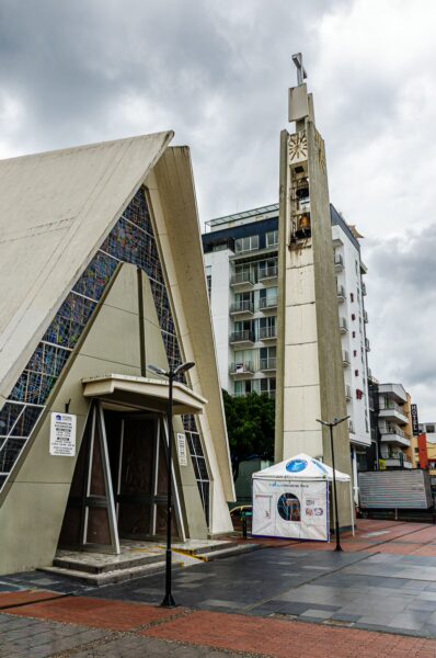 Cathedral Immaculada Concepción features a modern triangular design and a tall bell tower in Armenia, Quindío, Colombia.