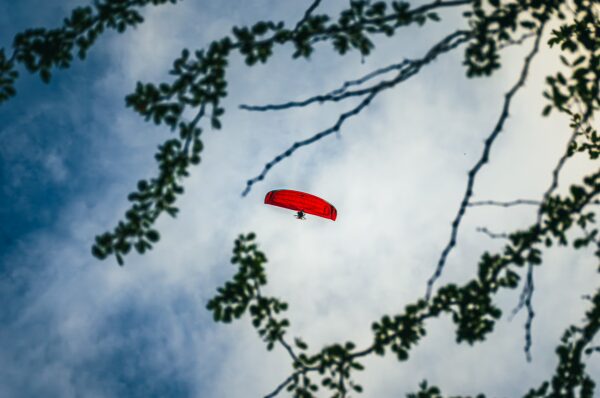 Bright red paraglider glides through the sky, framed by leafy branches against a blue and cloudy backdrop in Tatacoa Desert, Colombia.