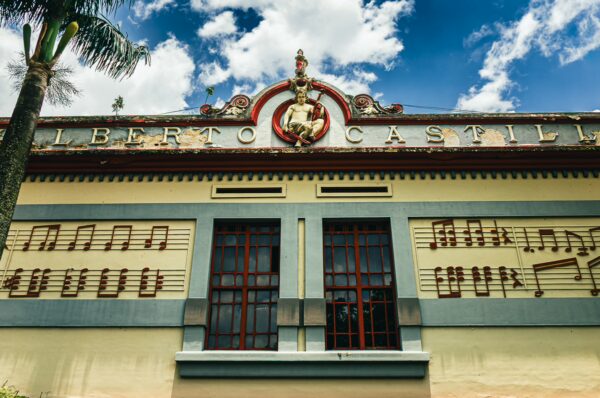 Colorful wall featuring musical notes and ornate architecture at Parque de la Música in Ibagué, Tolima, Colombia.