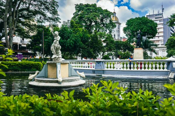 Fountain statue surrounded by lush greenery and a reflecting pond at Plaza de Bolívar in Ibagué, Tolima, Colombia.