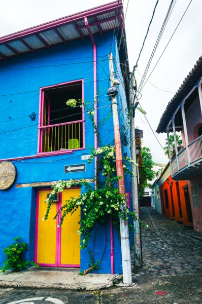 Vibrant blue building with yellow door and pink accents, surrounded by lush greenery in Honda, Tolima, Colombia.