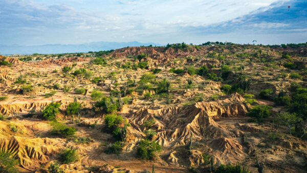 Vibrant landscape showcasing the intricate, colorful formations of Tatacoa Desert, Huila, Colombia, surrounded by sparse greenery.