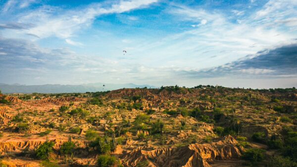 Labyrinthine landscapes of the Tatacoa Desert showcase vibrant reds and browns under a blue sky in Huila, Colombia.