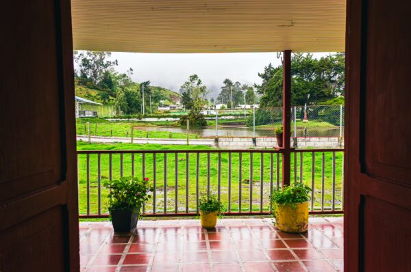 Lush greenery and calm waters framed by a balcony, with colorful potted plants in view at Laguna Escondida, Tolima, Colombia.