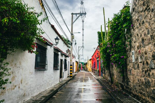 Charming street showcasing colorful buildings, lush greenery, and cobblestone paths in Honda, Tolima, Colombia.