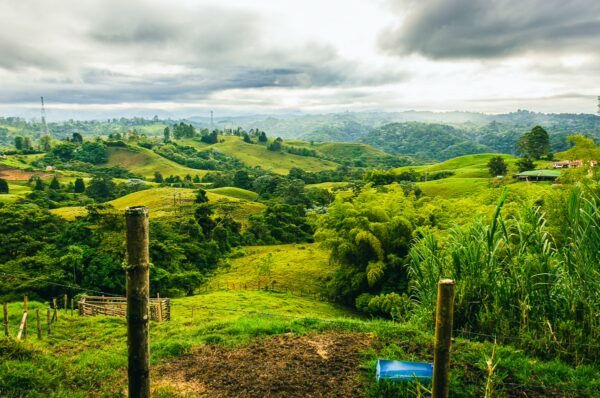 Rolling green hills under a cloudy sky showcase the lush landscape of Filandia, Quindio, Colombia, highlighting its scenic beauty.