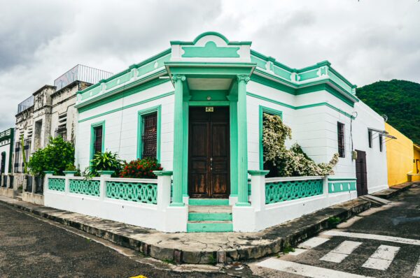 Charming mint-green colonial house with white accents and lush plants in Tolima, Colombia, nestled on a cobblestone street.