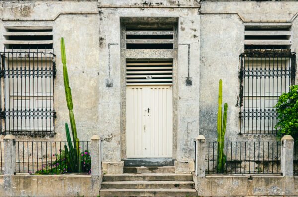White door with metal bars flanked by tall green cacti in a weathered concrete building in Honda, Tolima, Colombia.