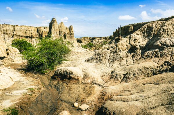 Unique rock formations and arid landscapes create a stunning scene in the Los Hoyos area of Tatacoa Desert, Huila, Colombia.