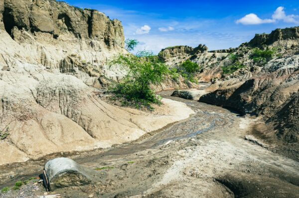 Vast brown and gray formations with sparse green plants wind through the desert landscape of Los Hoyos, Tatacoa Desert, Huila, Colombia.