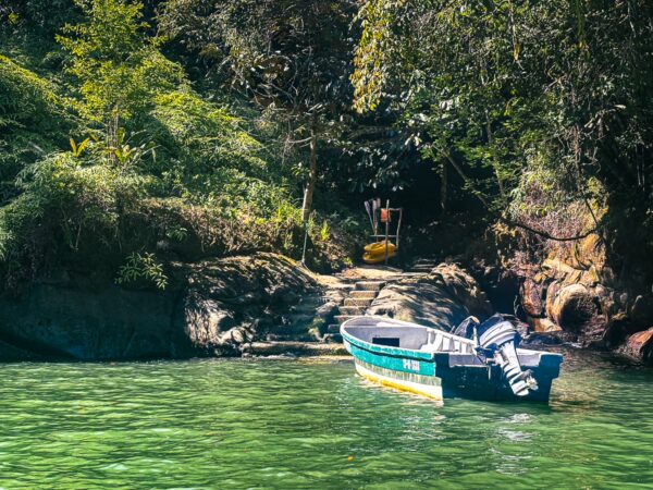 Colorful boats resting on the clear waters of Juanchaco, amidst lush greenery in Valle del Cauca, Colombia.