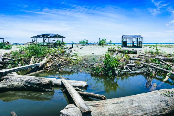 Lush greenery and weathered logs frame a tranquil waterway, with rustic huts dotting the sandy landscape of La Barra, Valle del Cauca, Colombia.