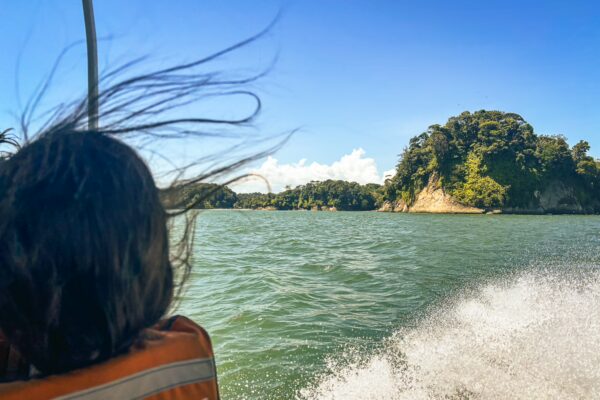 Bright blue skies and lush greenery surround a boat on the water in Maguipi, Valle del Cauca, Colombia, with a scenic hillside in the distance.