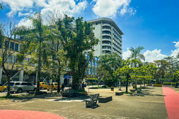 Lush green trees and palm plants surround a vibrant plaza in Buenaventura, Valle del Cauca, Colombia. Bright blue skies enhance the scene.