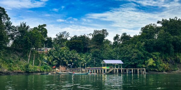 Calm waters reflect lush greenery and a wooden dock at La Siepe Uramba, Bahia Malaga, Valle del Cauca, Colombia.