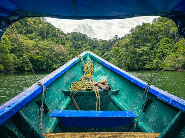 Bright blue boat navigating serene waters, surrounded by lush greenery in La Sierrpe, Uramba, Valle del Cauca, Colombia.