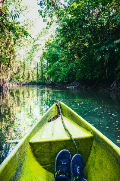 Bright yellow canoe gliding through lush greenery alongside the tranquil waters of the natural pool in Ladrilleros, Valle del Cauca, Colombia.
