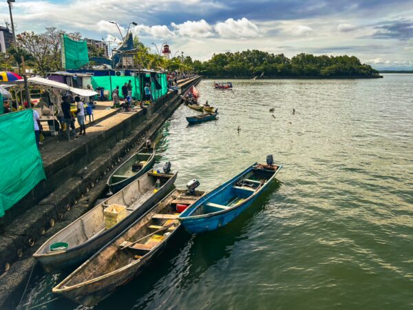 Colorful fishing boats line the dock in Buenaventura, Valle del Cauca, with lush greenery and calm waters in the background.