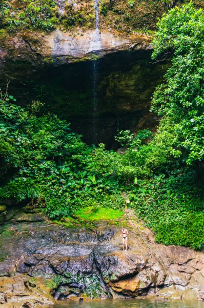 Lush greenery surrounds a waterfall cascading from a rocky overhang in La Sierpe, Uramba, Valle del Cauca, Colombia.