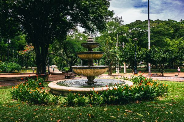 Elegant tiered fountain surrounded by lush greenery and vibrant flowers in Parque La Retreta, Cali, Valle del Cauca, Colombia.
