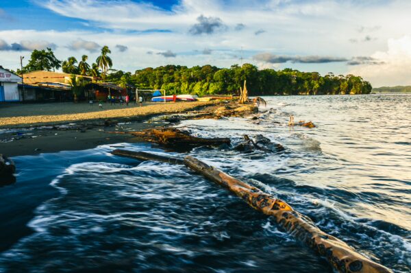 Golden waves crash on the shore at Juanchaco, Valle del Cauca, with lush greenery and colorful boats lining the beach.